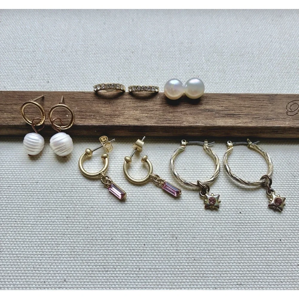 Y2K Gold Tone Earrings Lot Faux Pearl Pink Crystal Hoops Coquette 5 Pairs VTG